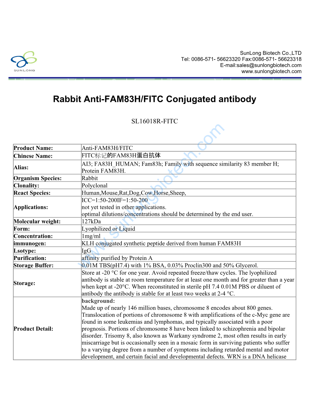 Rabbit Anti-FAM83H/FITC Conjugated Antibody-SL16018R-FITC