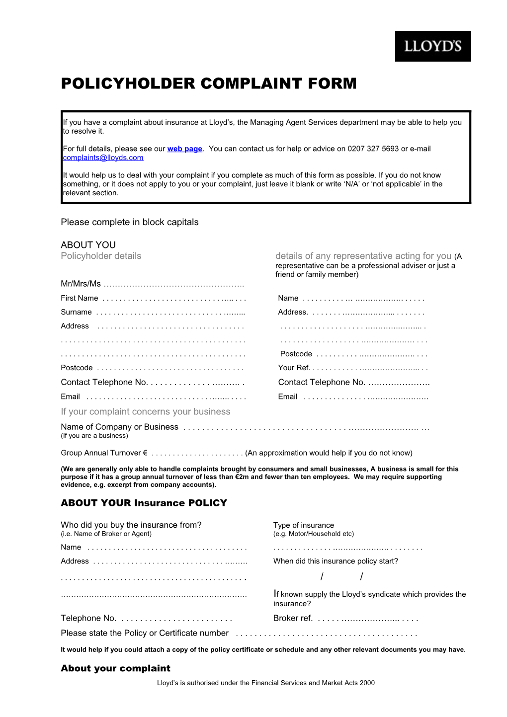 Policyholder Complaint Form