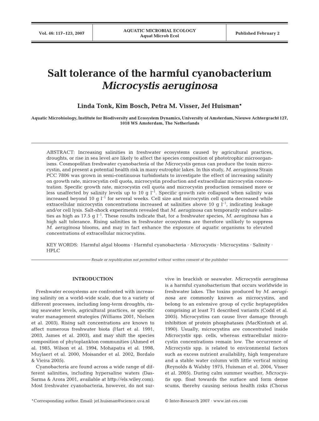 Salt Tolerance of the Harmful Cyanobacterium Microcystis Aeruginosa