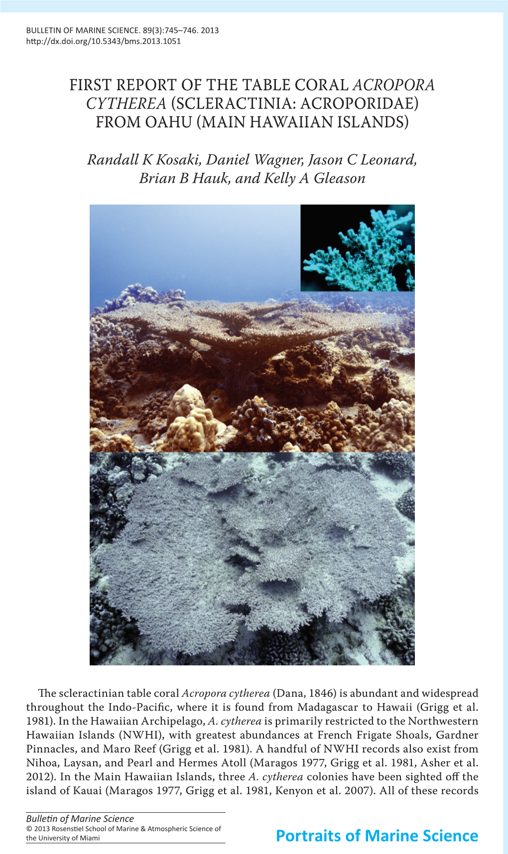 First Report of the Table Coral &lt;I&gt;Acropora Cytherea&lt;/I