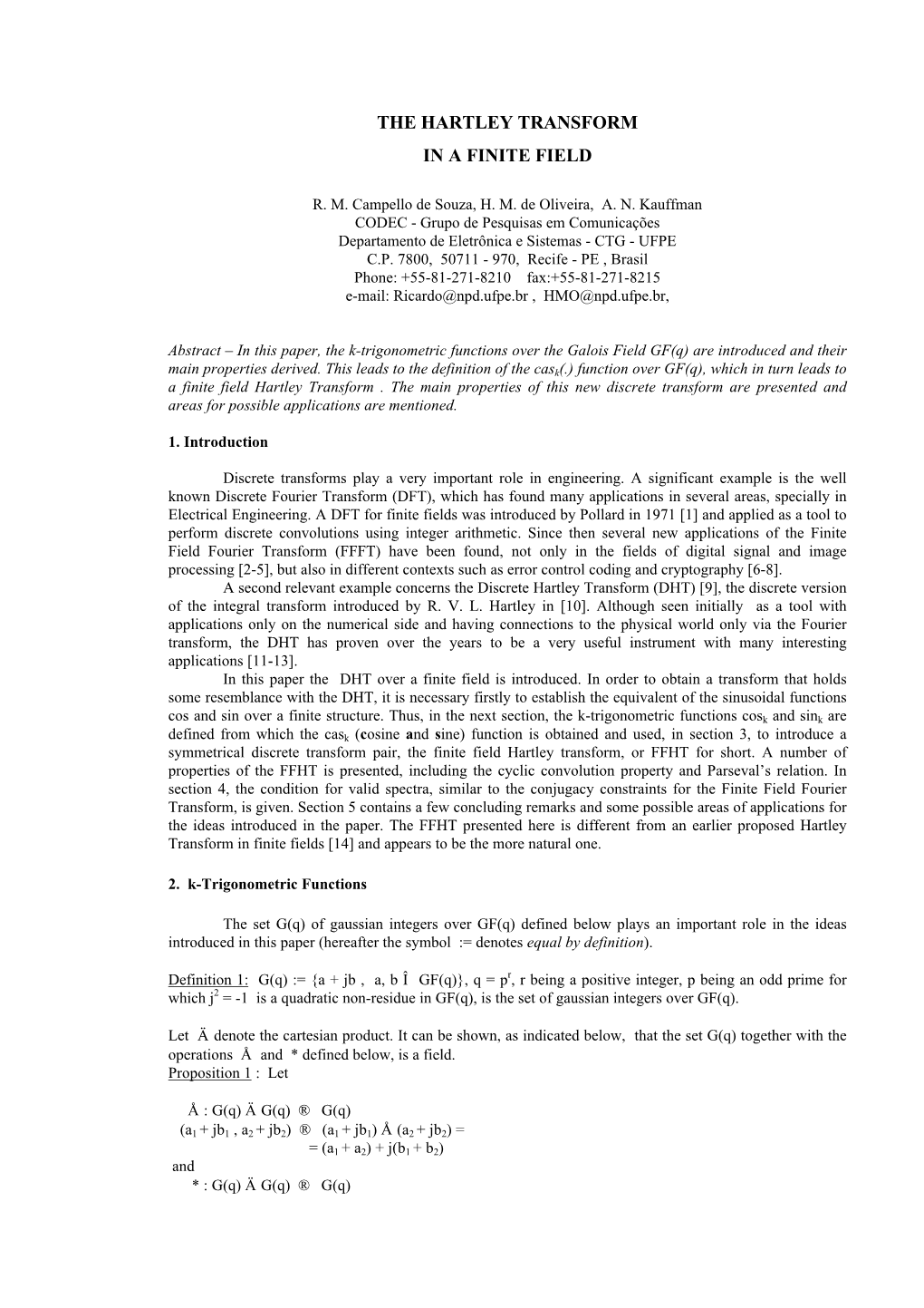 The Hartley Transform in a Finite Field