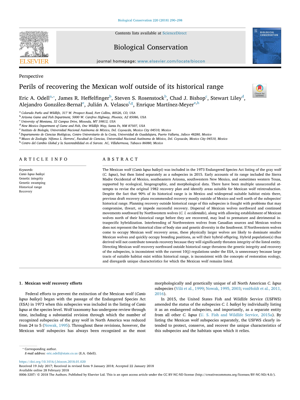 Perils of Recovering the Mexican Wolf Outside of Its Historical Range T ⁎ Eric A