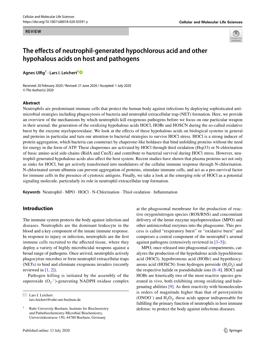 The Effects of Neutrophil-Generated Hypochlorous Acid and Other