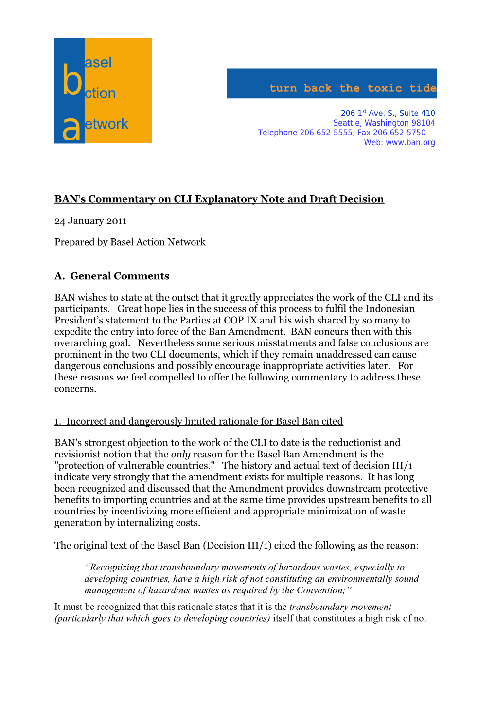 BAN S Commentary on CLI Explanatory Note and Draft Decision