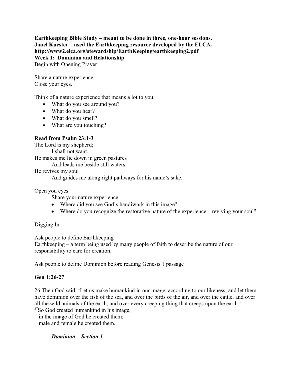 Earthkeeping Bible Study Week 1: Dominion