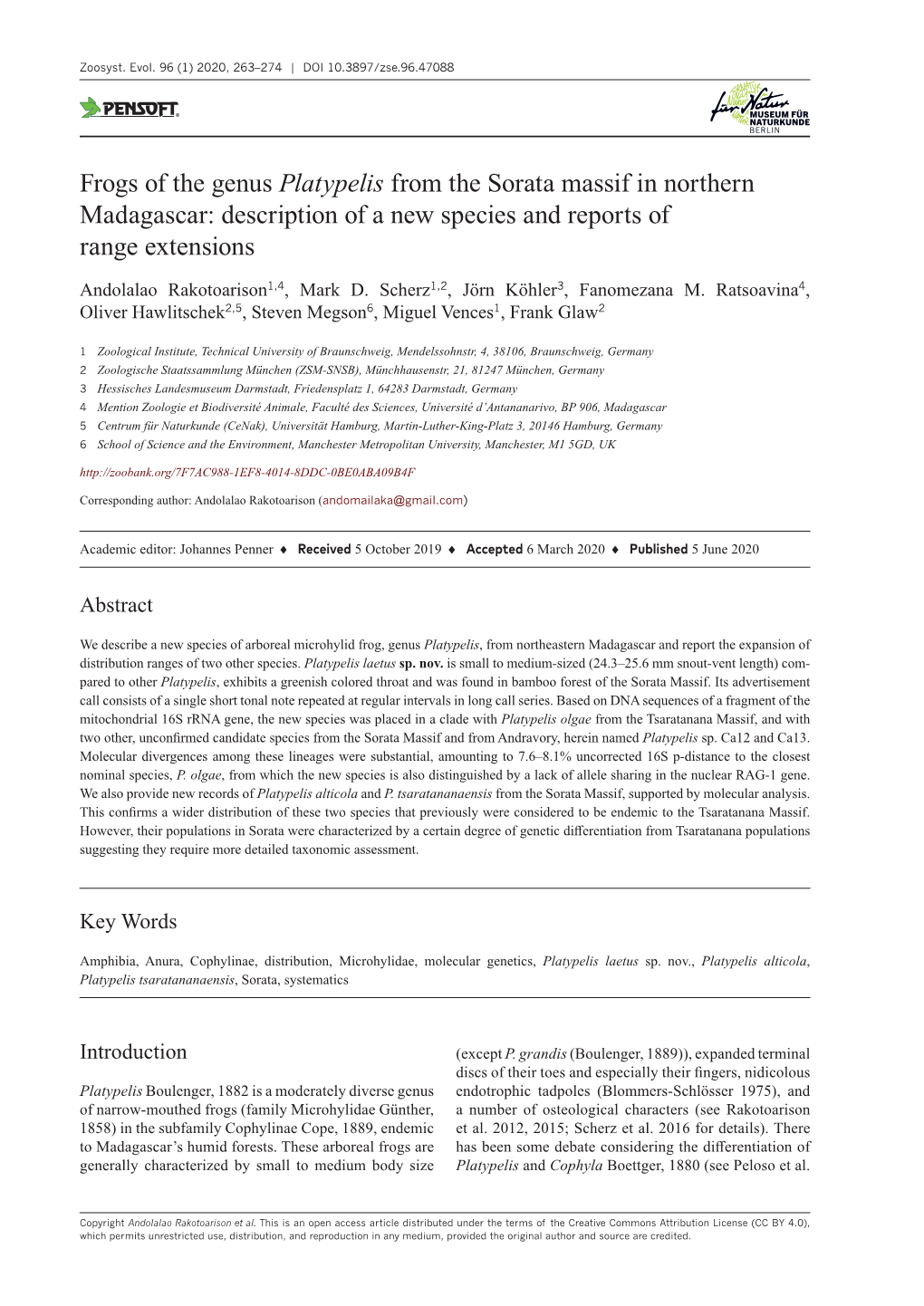 Frogs of the Genus Platypelis from the Sorata Massif in Northern Madagascar: Description of a New Species and Reports of Range Extensions