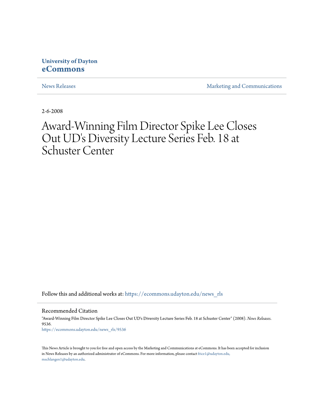 Award-Winning Film Director Spike Lee Closes out UD's Diversity Lecture Series Feb