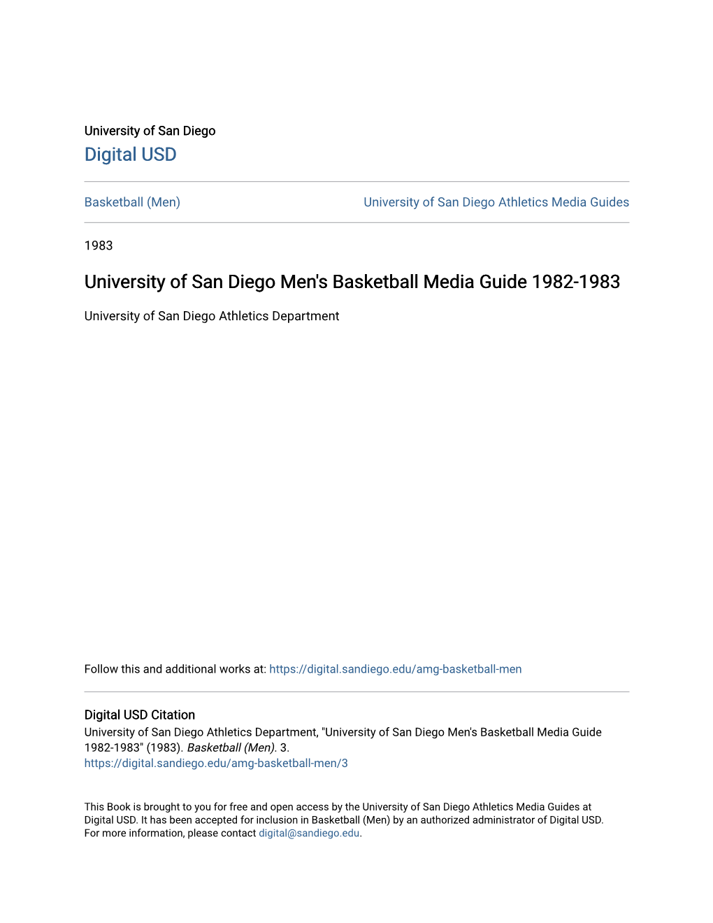 University of San Diego Men's Basketball Media Guide 1982-1983