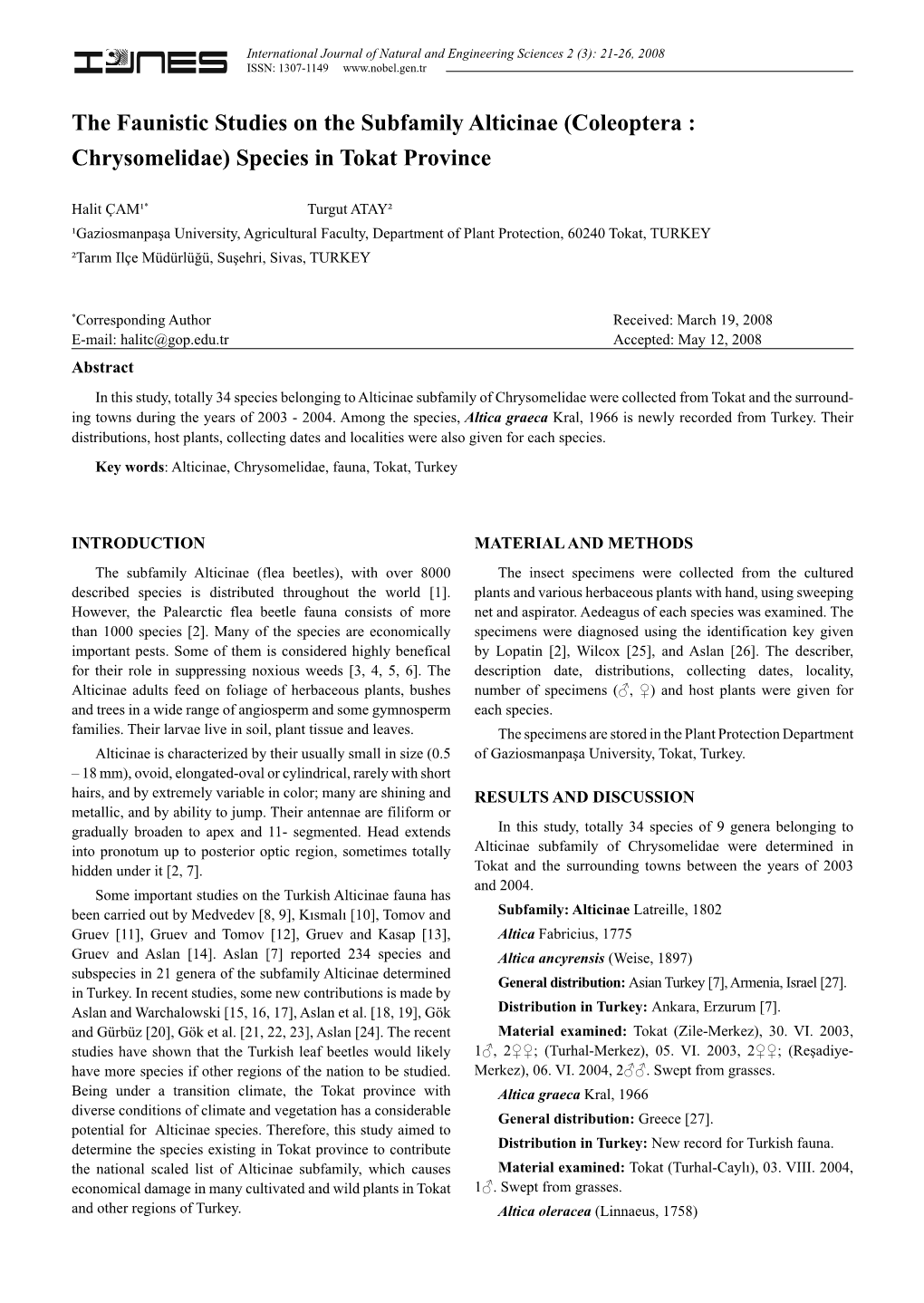 (Coleoptera : Chrysomelidae) Species in Tokat Province