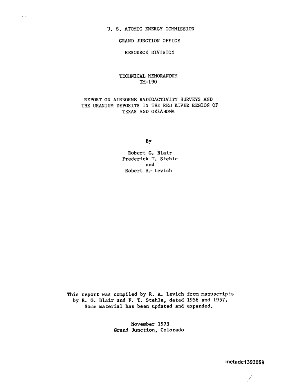 Metadcl393059 REPORT on AIRBORNE RADIOACTIVITY SURVEYS and the URANIUM DEPOSITS in the RED RIVER REGION of TEXAS and OKLAHOMA