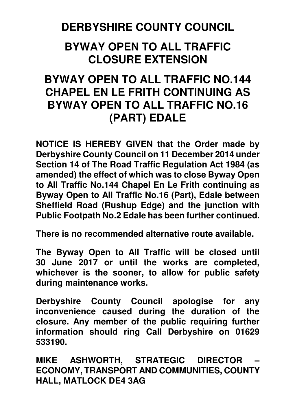 Derbyshire County Council Byway Open to All Traffic