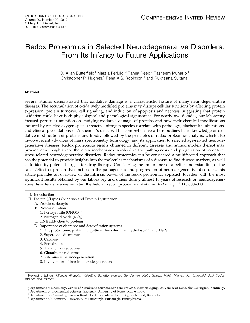 Redox Proteomics in Selected Neurodegenerative Disorders: from Its Infancy to Future Applications