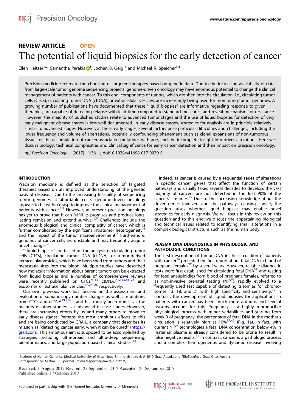 The Potential of Liquid Biopsies for the Early Detection of Cancer