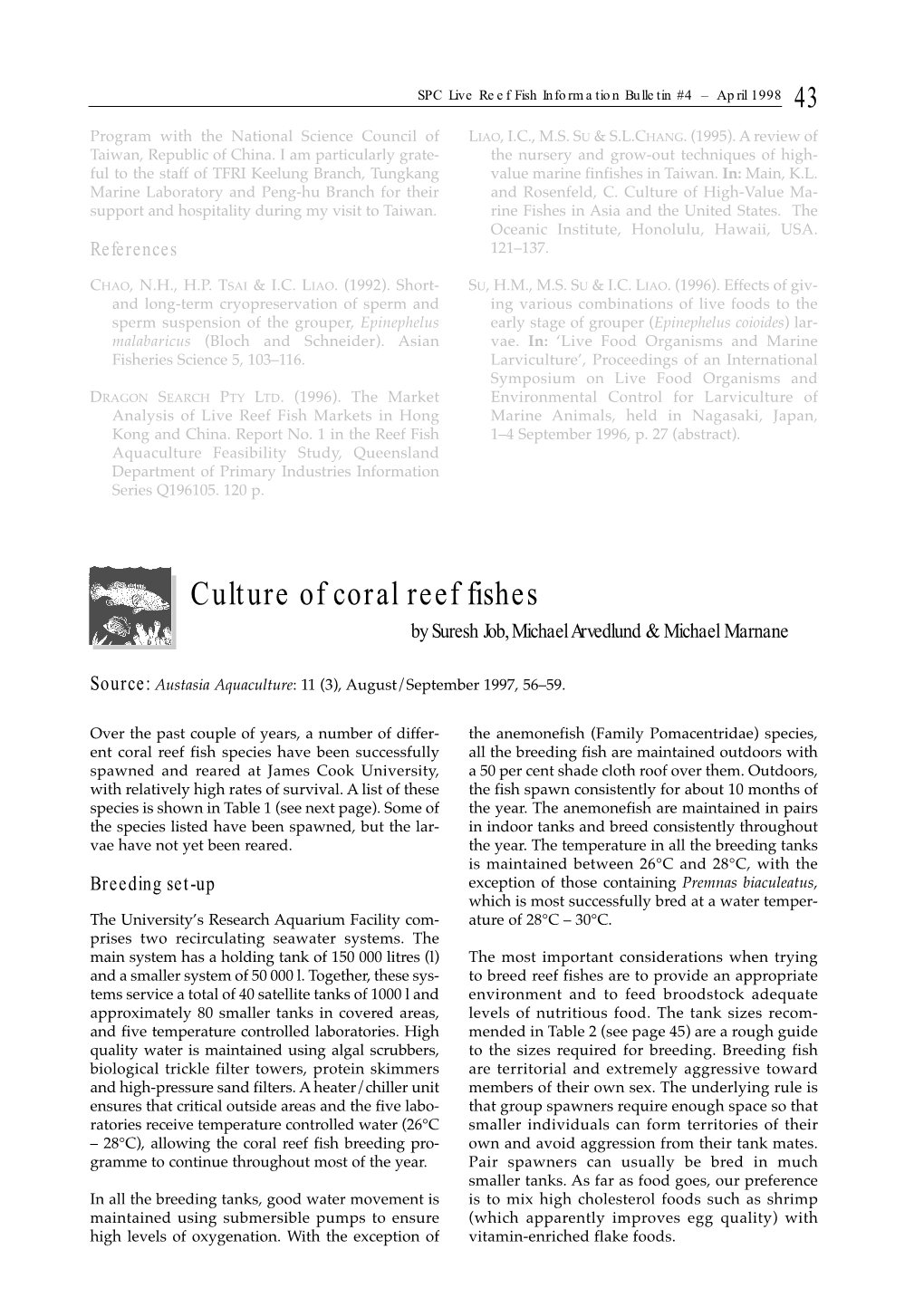 Culture of Coral Reef Fishes by Suresh Job, Michael Arvedlund & Michael Marnane