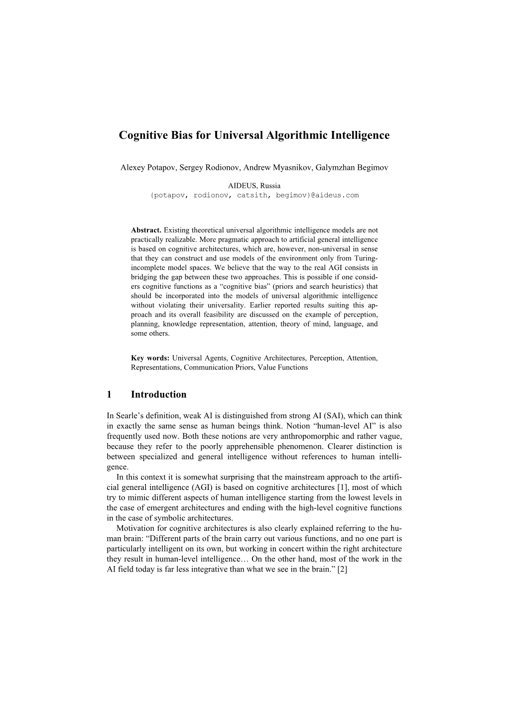 Cognitive Bias for Universal Algorithmic Intelligence