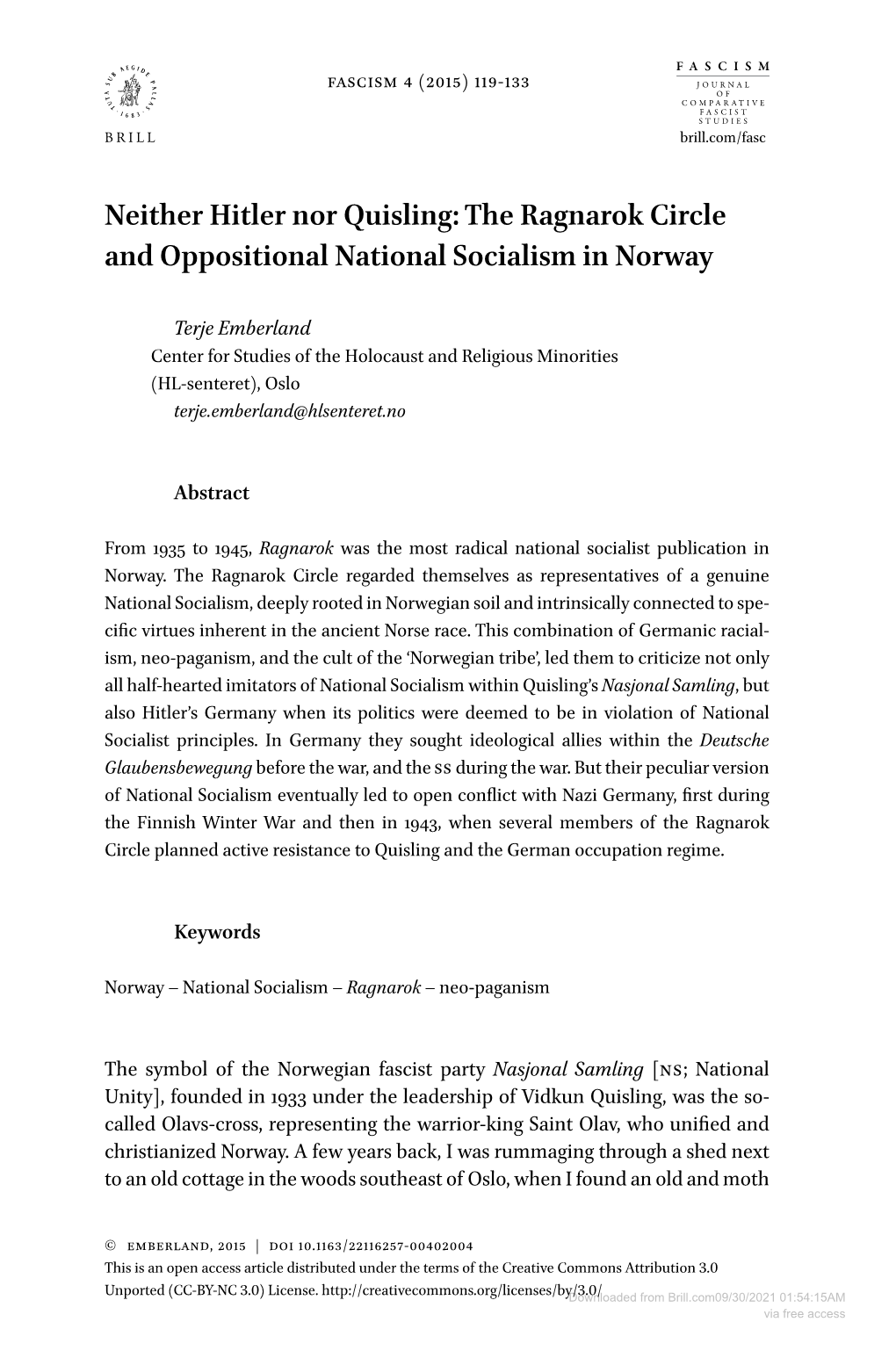 Neither Hitler Nor Quisling: the Ragnarok Circle and Oppositional National Socialism in Norway