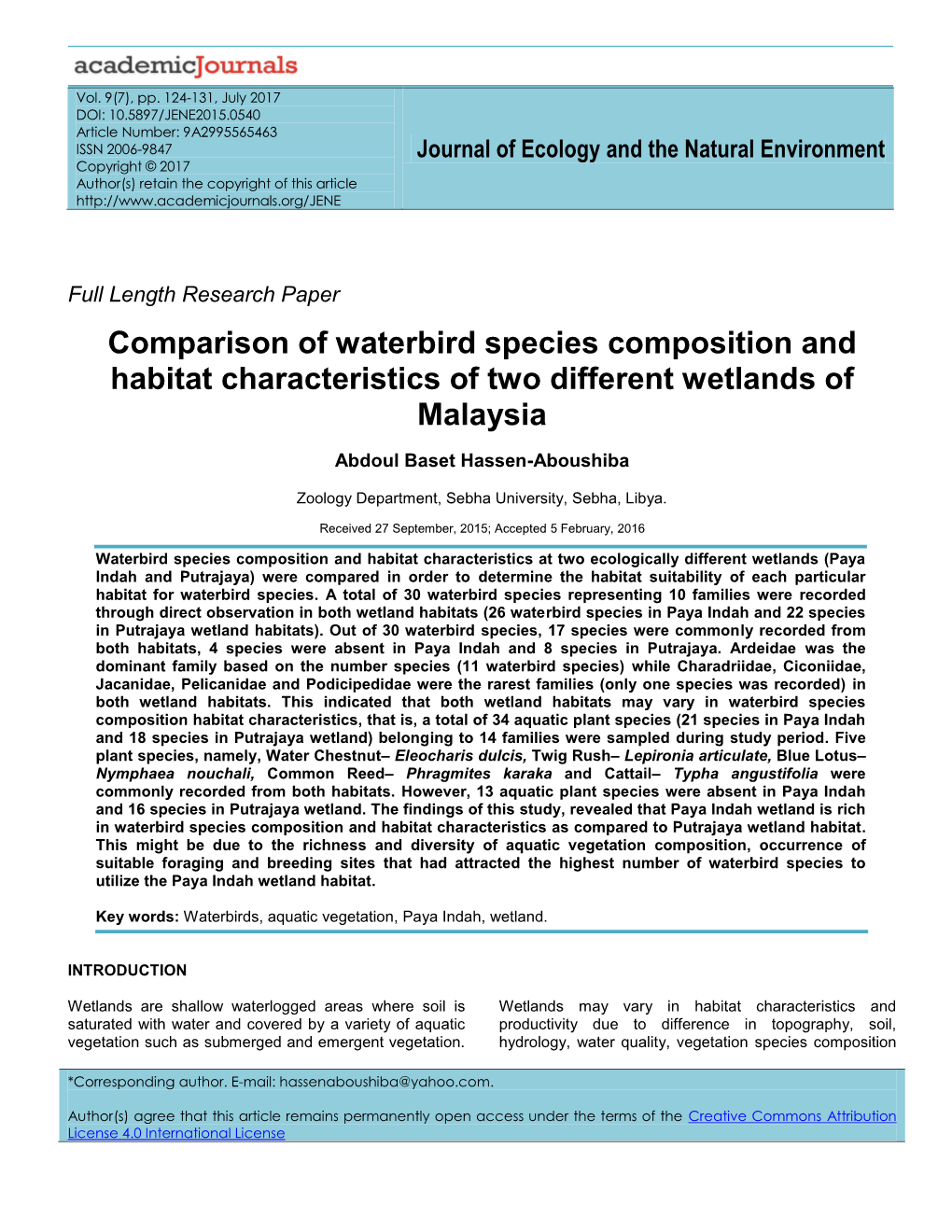 Comparison of Waterbird Species Composition and Habitat Characteristics of Two Different Wetlands of Malaysia