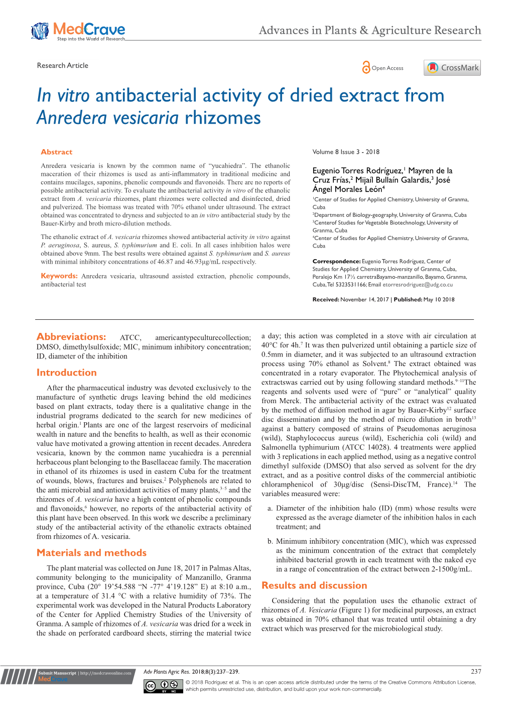 In Vitro Antibacterial Activity of Dried Extract from Anredera Vesicaria Rhizomes