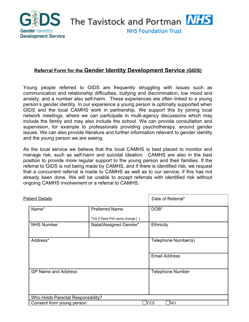 Referral Form for the Gender Identity Development Service (GIDS)