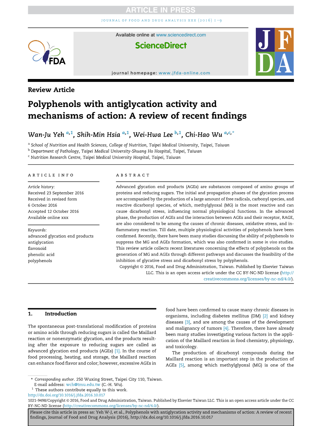 Polyphenols with Antiglycation Activity and Mechanisms of Action: a Review of Recent ﬁndings