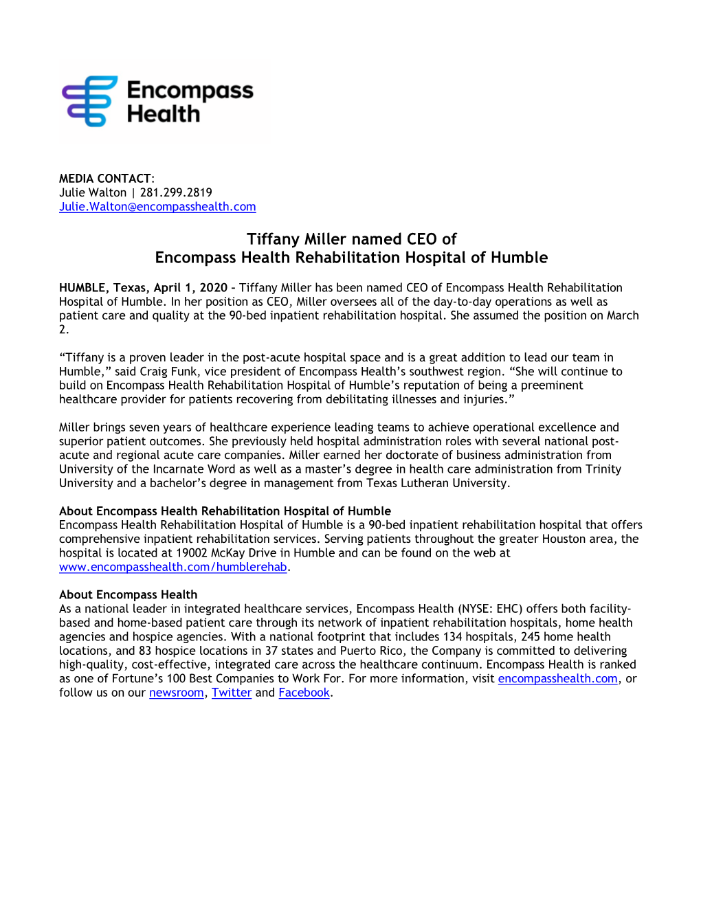 Tiffany Miller Named CEO of Encompass Health Rehabilitation Hospital of Humble