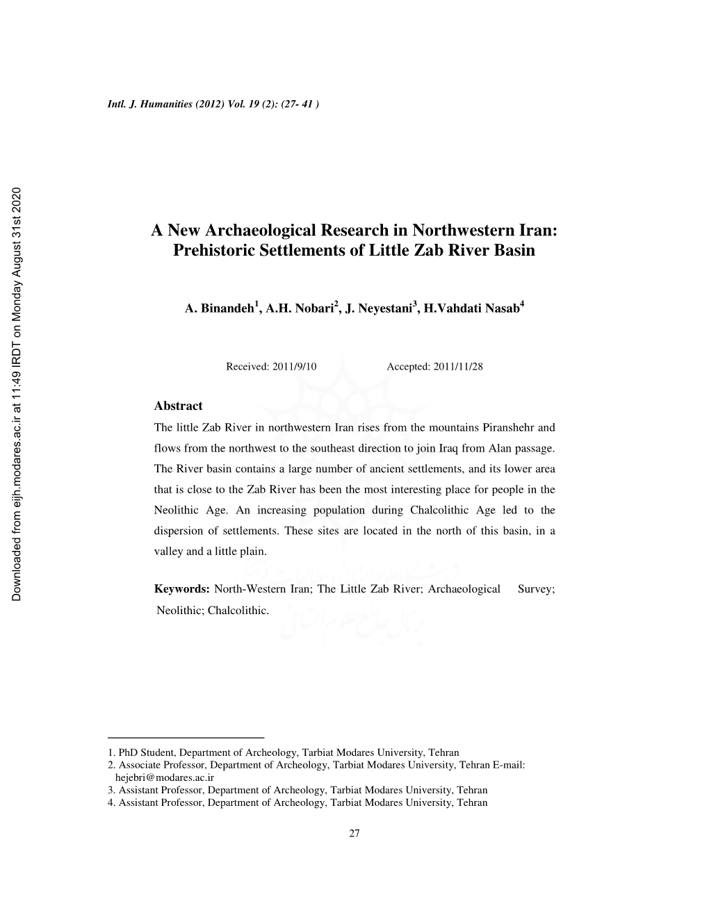 A New Archaeological Research in Northwestern Iran: Prehistoric Settlements of Little Zab River Basin