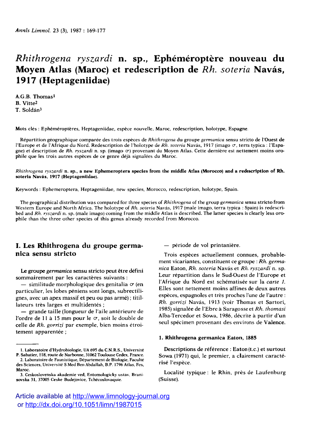 Rhithrogena Ryszardi N. Sp., Ephéméroptère Nouveau Du Moyen Atlas (Maroc) Et Redescription De Rh