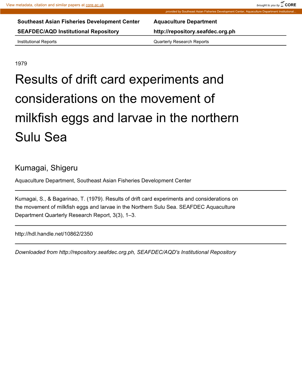 Results of Drift Card Experiments and Considerations on the Movement of Milkfish Eggs and Larvae in the Northern Sulu Sea