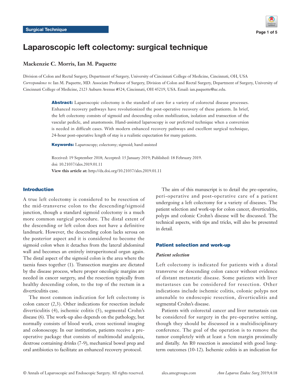 Laparoscopic Left Colectomy: Surgical Technique