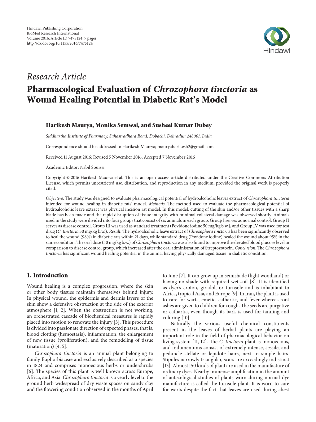 Research Article Pharmacological Evaluation of Chrozophora Tinctoria As Wound Healing Potential in Diabetic Rat’S Model