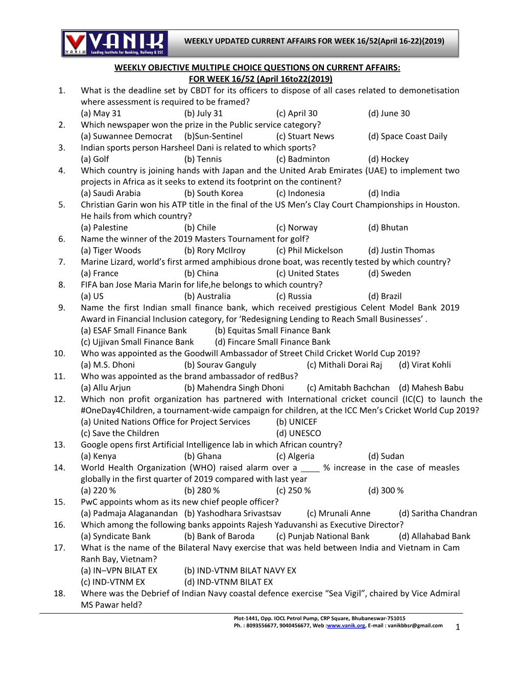 1 Weekly Objective Multiple Choice Questions On