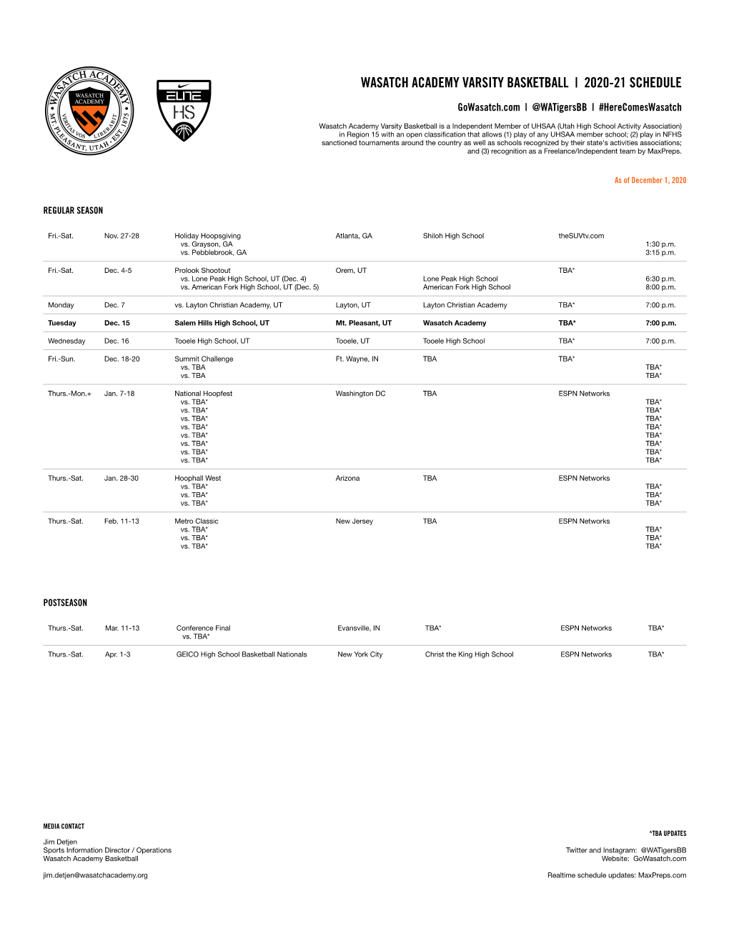 SCHEDULE Wasatch Academy 2020-21 Varsity Basketball DRAFT2