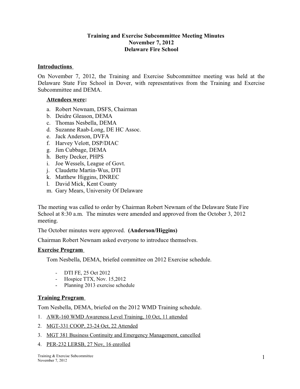 Tentative Agenda for Training and Exercise Subcommittee Meeting