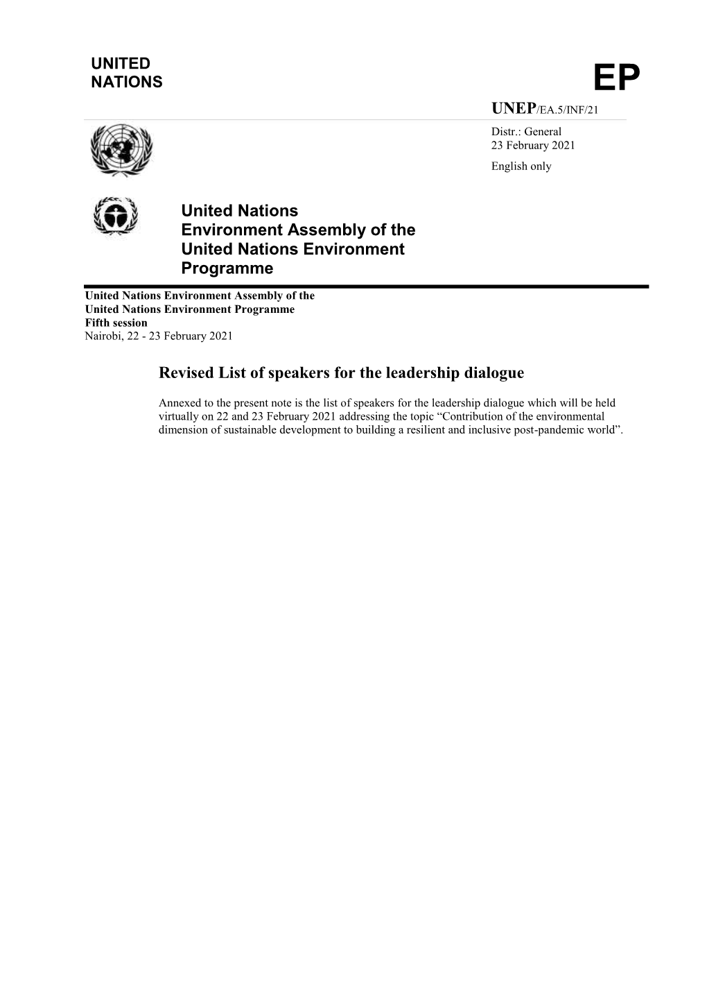 United Nations Environment Assembly of the United Nations Environment Programme Revised List of Speakers for the Leadership Dial