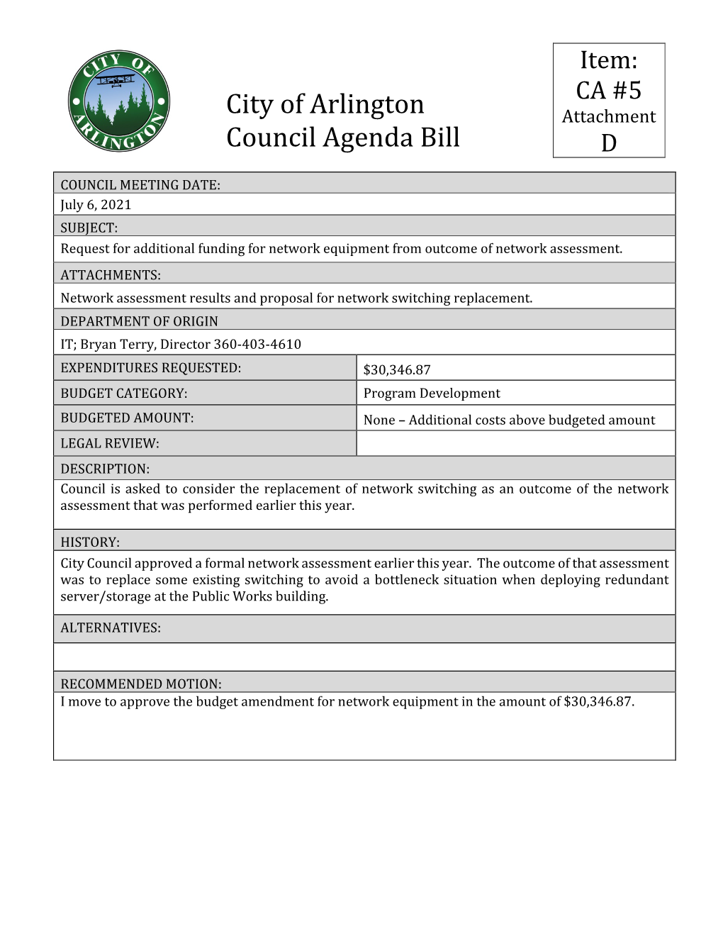 City of Arlington Council Agenda Bill