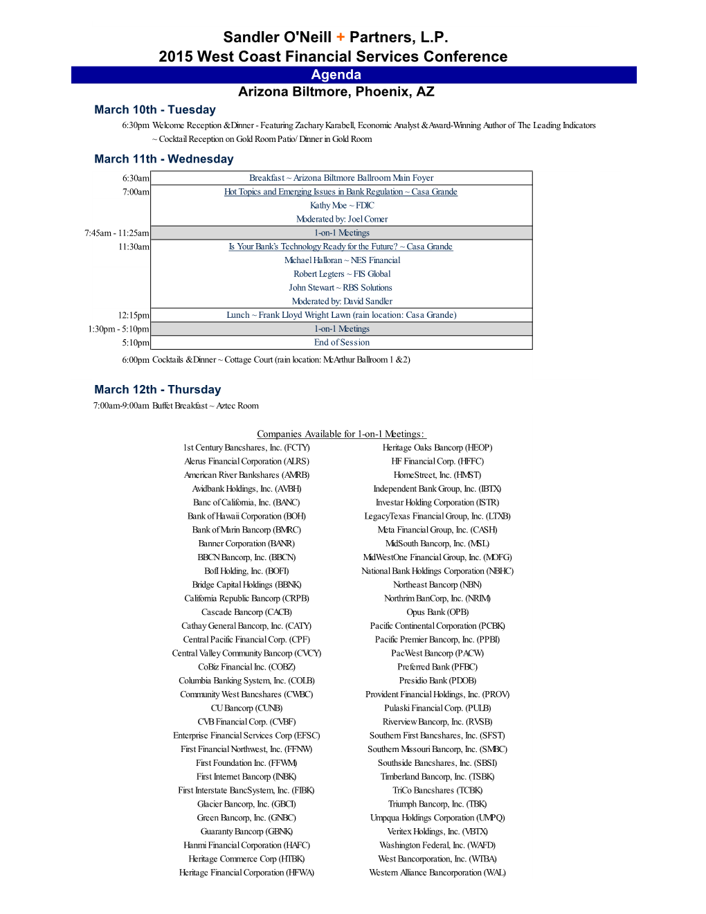 Sandler O'neill + Partners, L.P. 2015 West Coast Financial Services