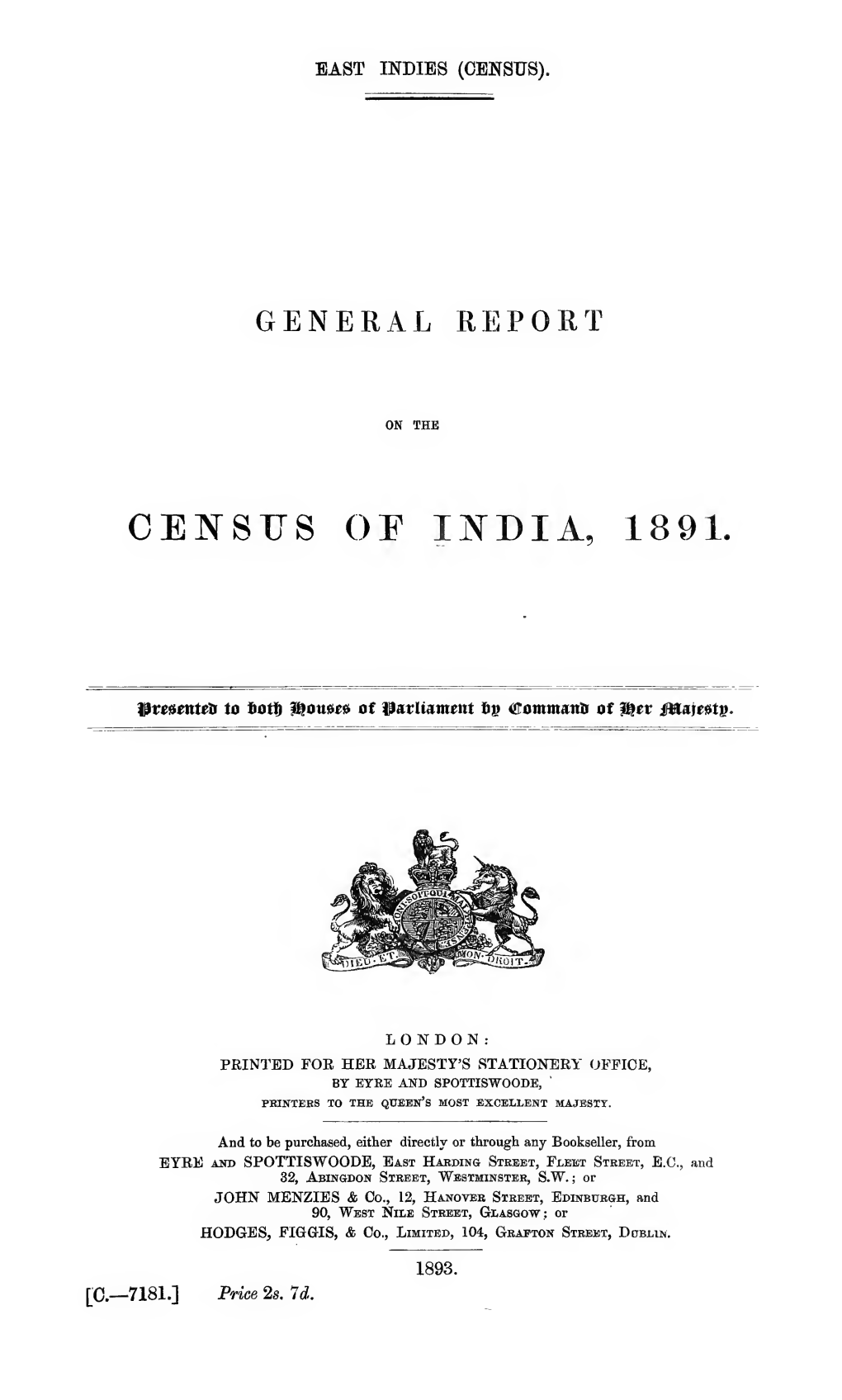 Census of India, 1891 : General Report