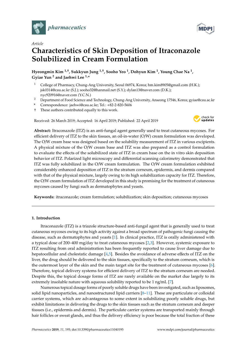 Characteristics of Skin Deposition of Itraconazole Solubilized in Cream Formulation