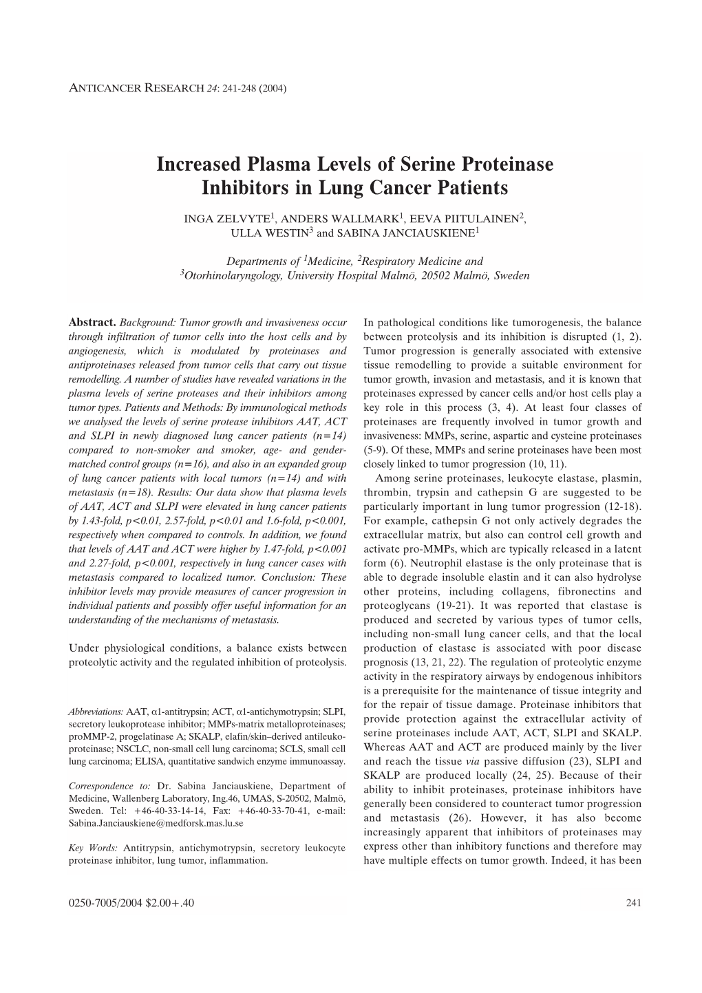 Increased Plasma Levels of Serine Proteinase Inhibitors in Lung Cancer Patients