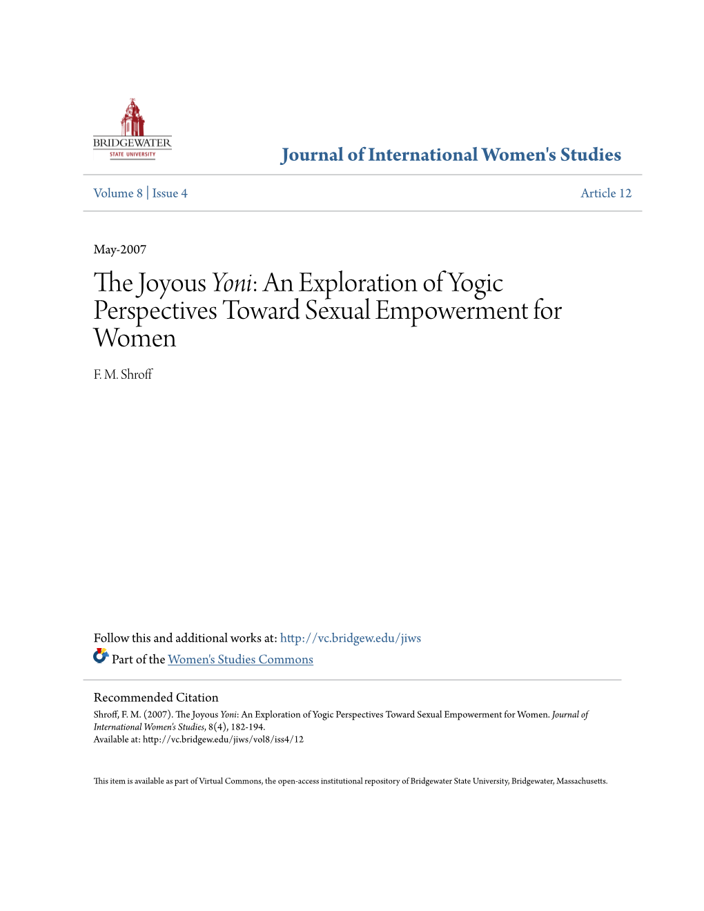 Yoni&lt;/Em&gt;: an Exploration of Yogic Perspectives Toward Sexual