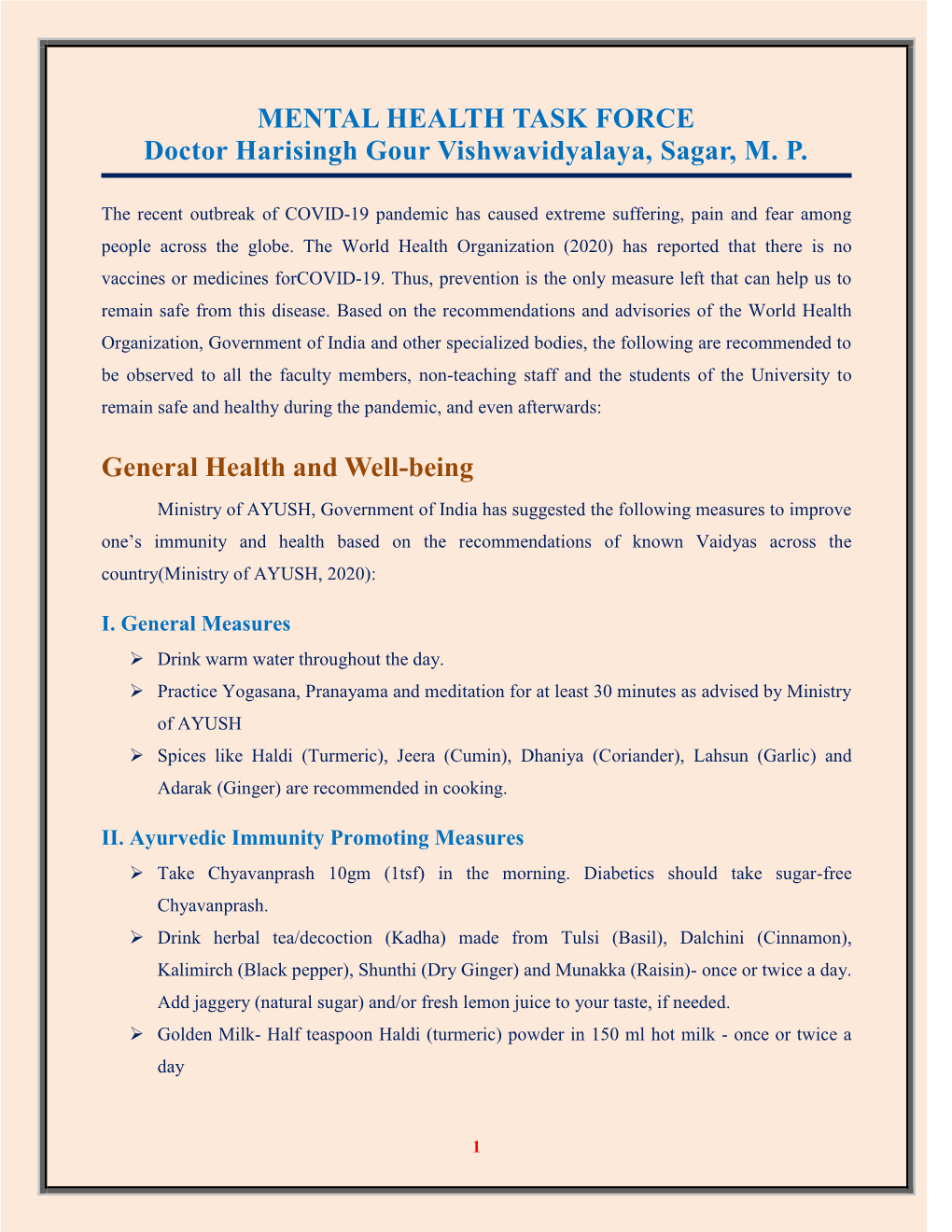 MENTAL HEALTH TASK FORCE Doctor Harisingh Gour Vishwavidyalaya, Sagar, M