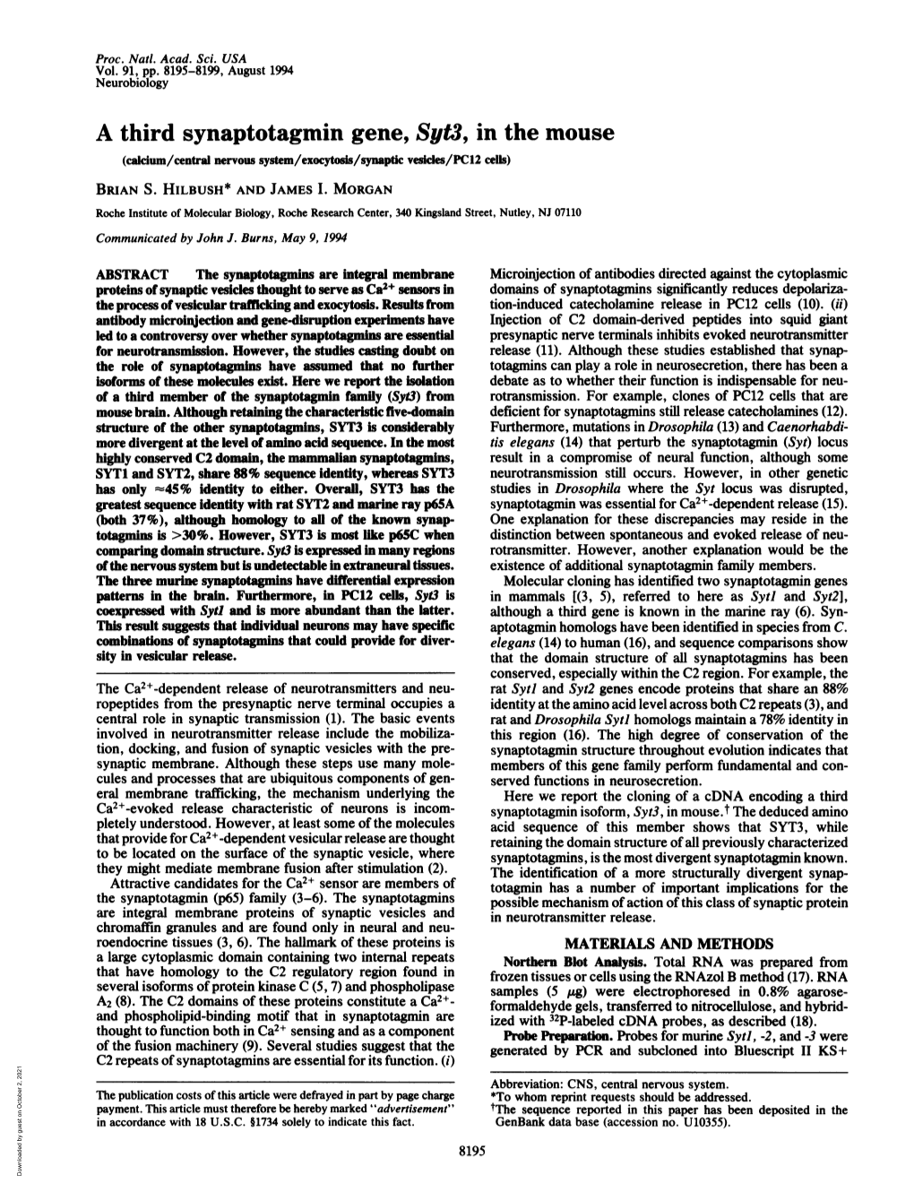 A Third Synaptotagmin Gene, Syt3, in the Mouse (Calcium/Central Nervous System/Exocytoss/Synaptic Vesicles/PC12 Cells) BRIAN S