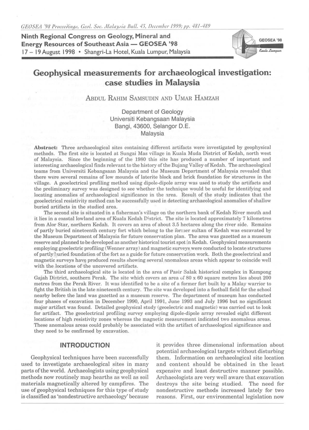 Geophysical Measurements for Archaeological Investigation: Case Studies in Malaysia