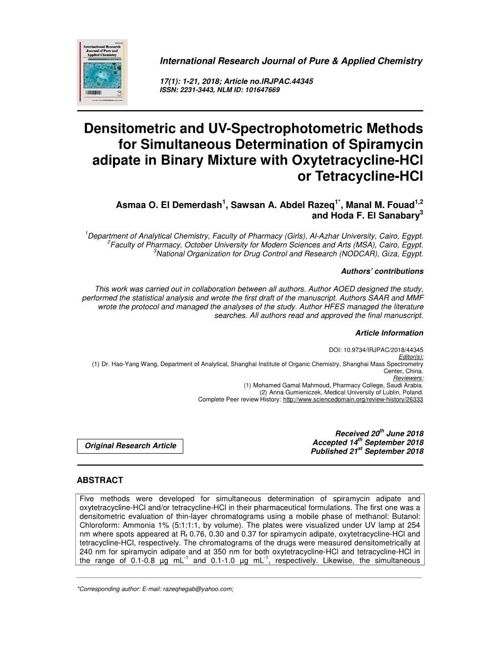 Densitometric and UV-Spectrophotometric Methods for Simultaneous Determination of Spiramycin Adipate in Binary Mixture with Oxytetracycline-Hcl Or Tetracycline-Hcl