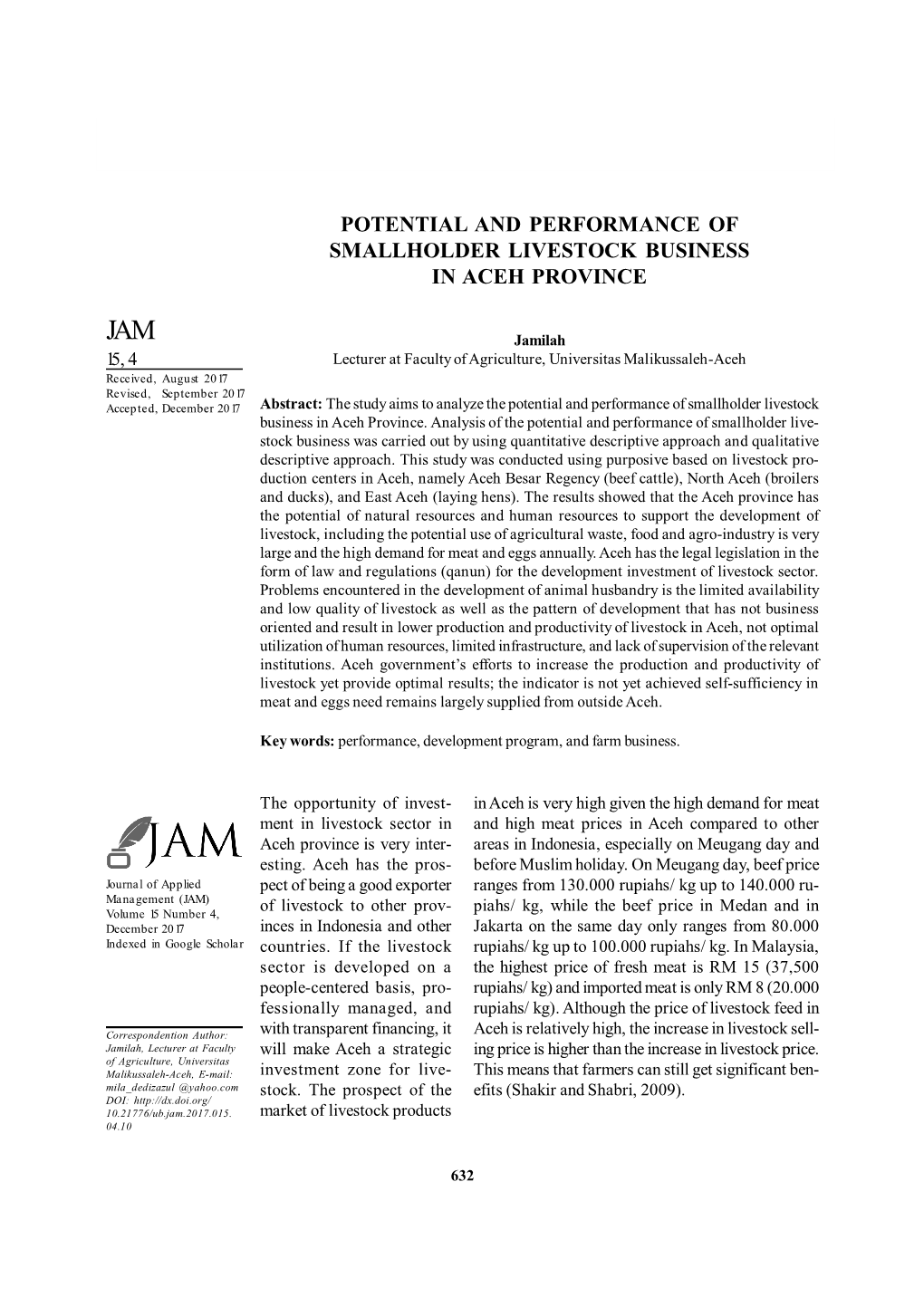 Potential and Performance of Smallholder Livestock Business in Aceh Province