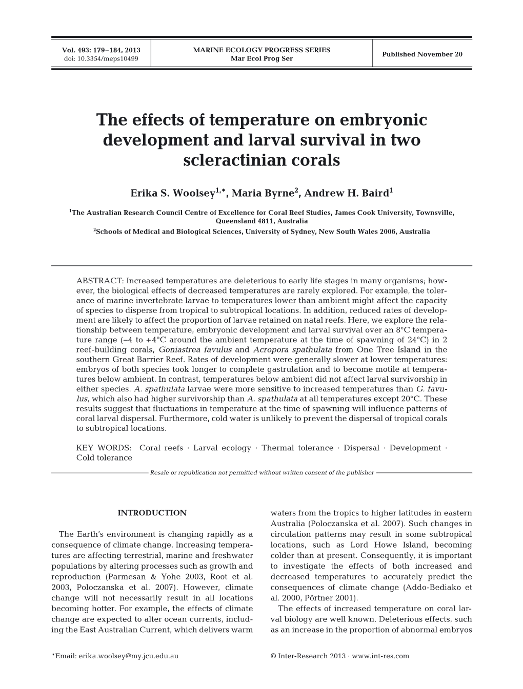 The Effects of Temperature on Embryonic Development and Larval Survival in Two Scleractinian Corals