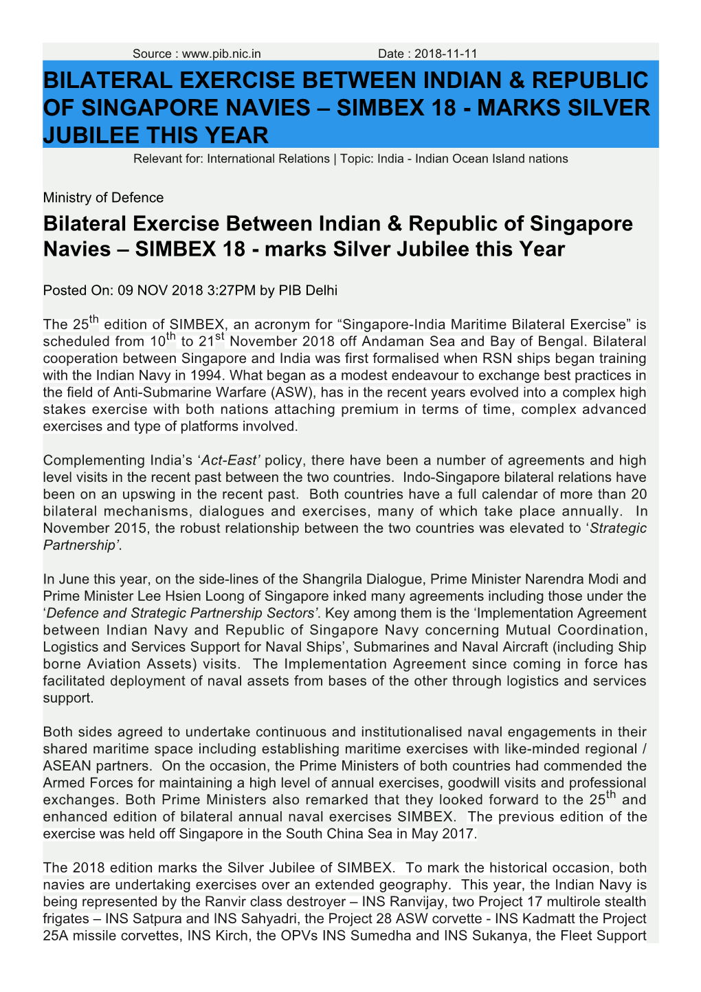 Bilateral Exercise Between Indian & Republic of Singapore Navies – SIMBEX 18