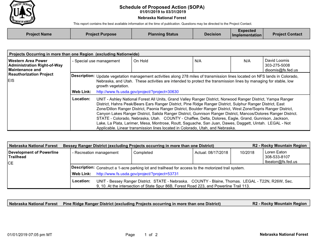 Schedule of Proposed Action (SOPA) 01/01/2019 to 03/31/2019 Nebraska National Forest This Report Contains the Best Available Information at the Time of Publication