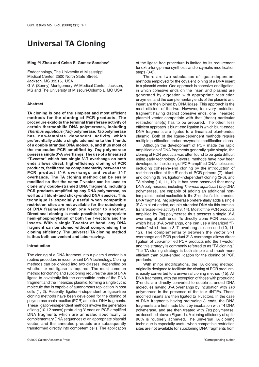 Zhou & Gomez-Sanchez. Universal TA Cloning. Curr. Issues Mol. Biol