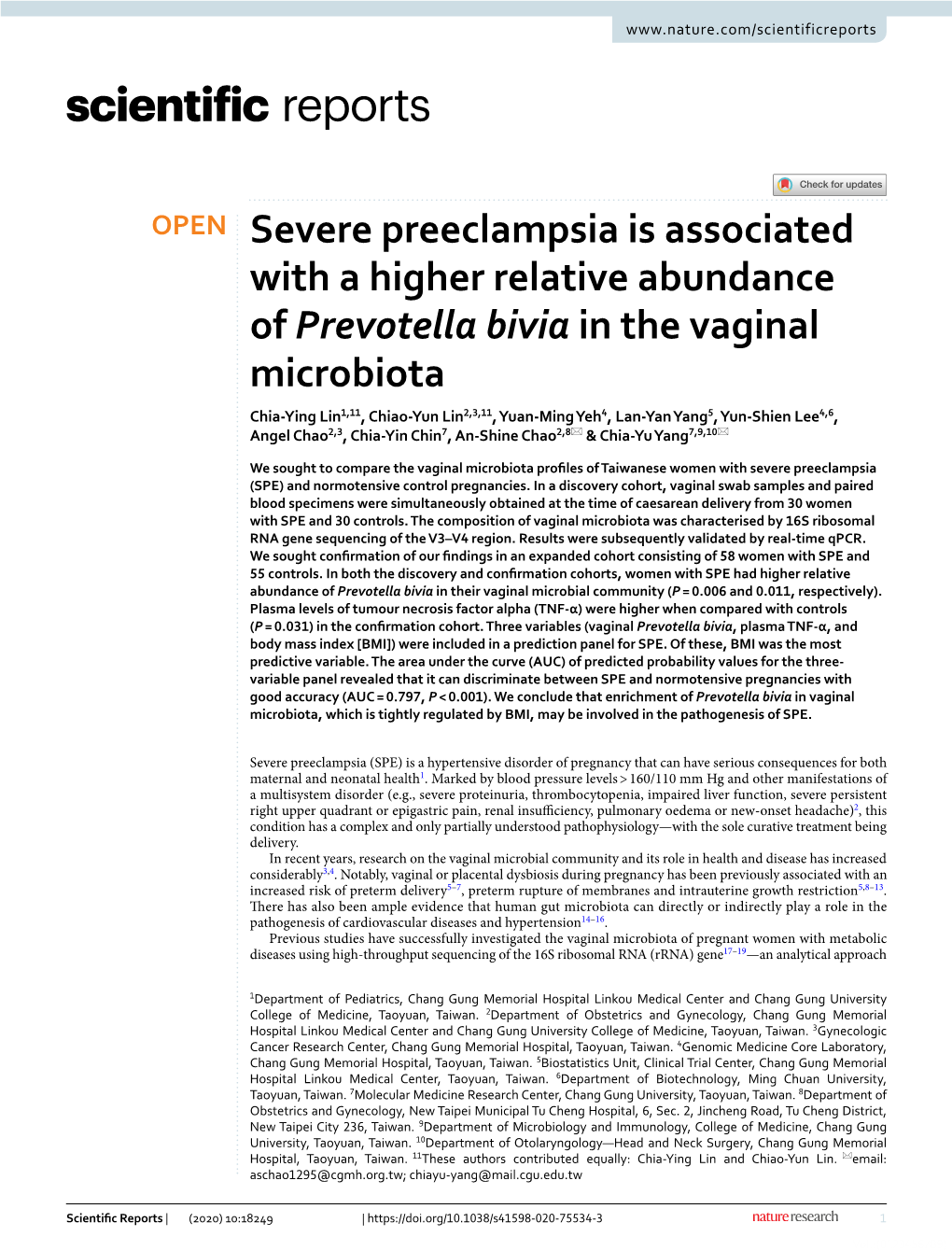 Severe Preeclampsia Is Associated with a Higher Relative Abundance of Prevotella Bivia in the Vaginal Microbiota